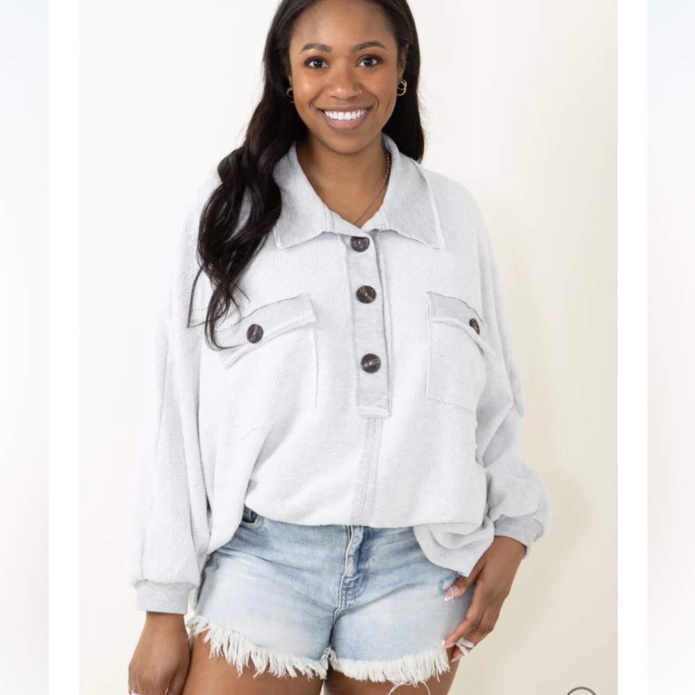 Bucketlist French Terry Fleece Button Up Sweater for Women in Grey